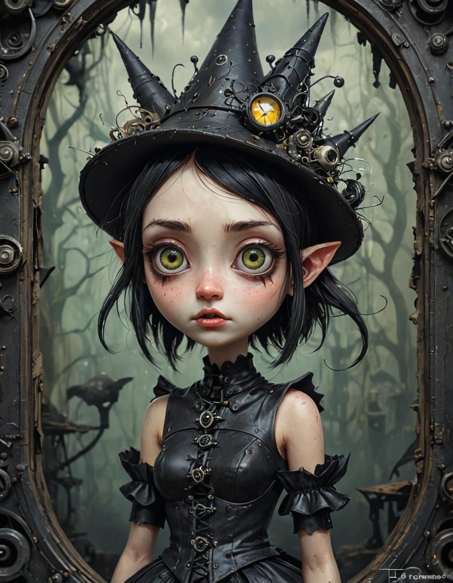 Gothic Fairy Witch in Surreal Dystopian Ebru Painting