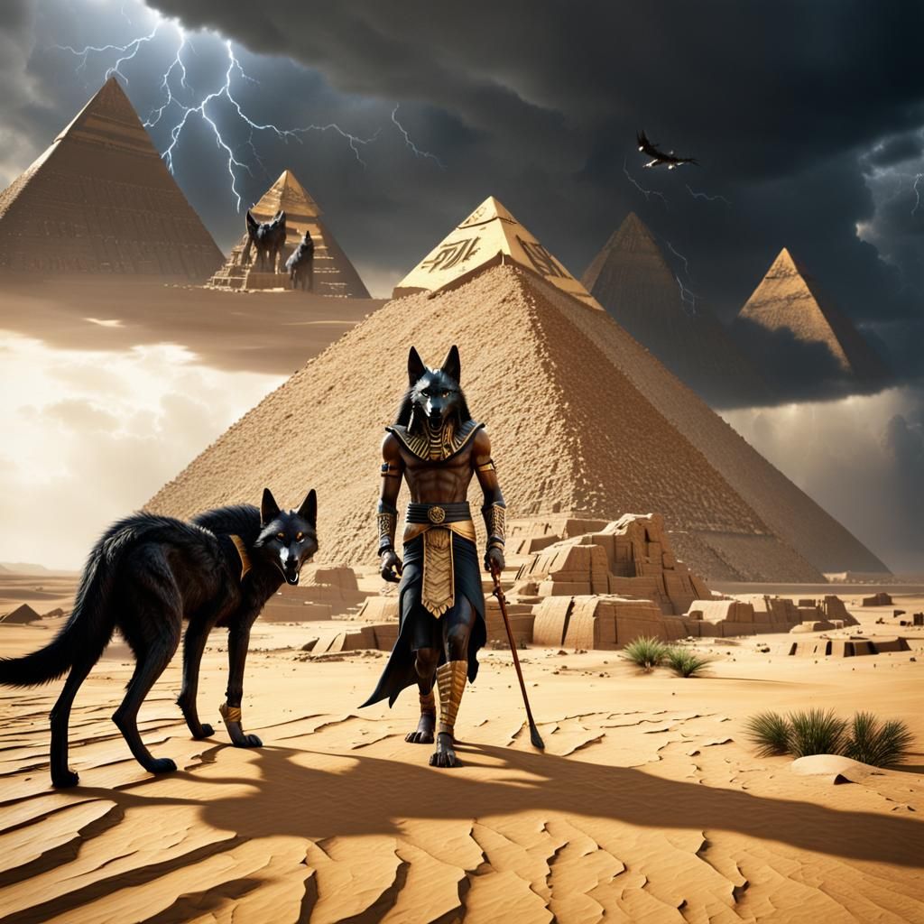 Anubis Walks with Wolves Under Stormy Skies