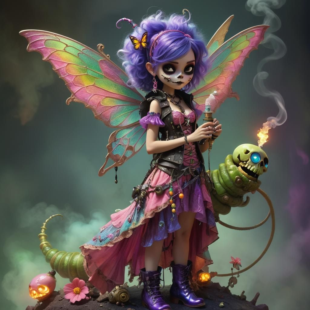 Funky Pixie with Bioluminescent Butterfly, Pixar-style Art