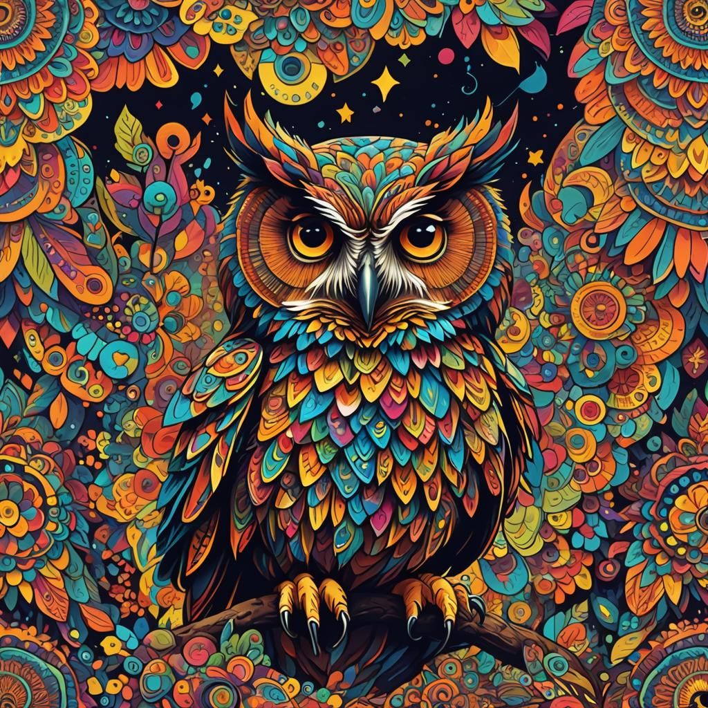 Psychedelic Owl Having Fun at a Festival