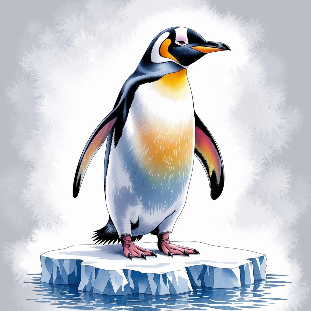 Watercolor Penguin Portrait on Iceberg, Wildlife Art