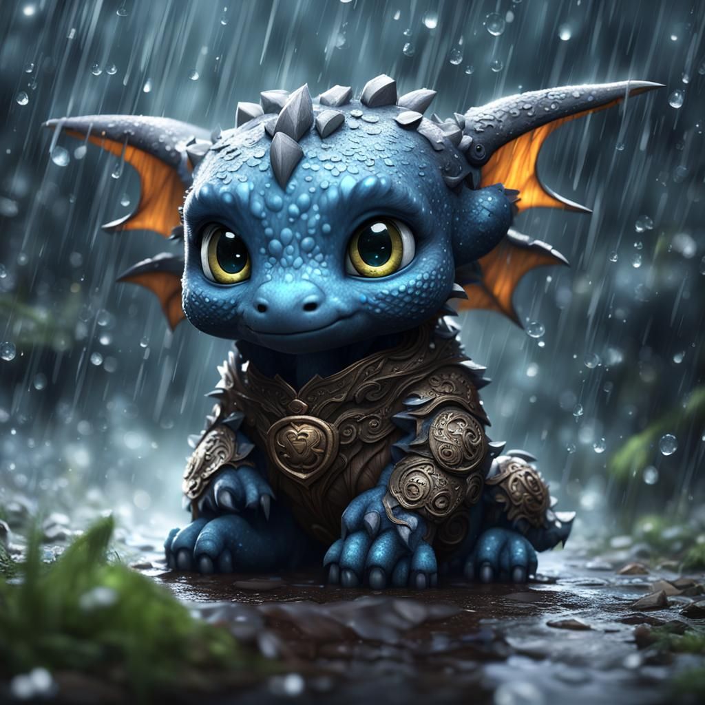 "Adorable sad baby chibi dragon cub in the pouring rain with huge beautiful eyes, Breathtaking Fantasy core Artwork. Int...