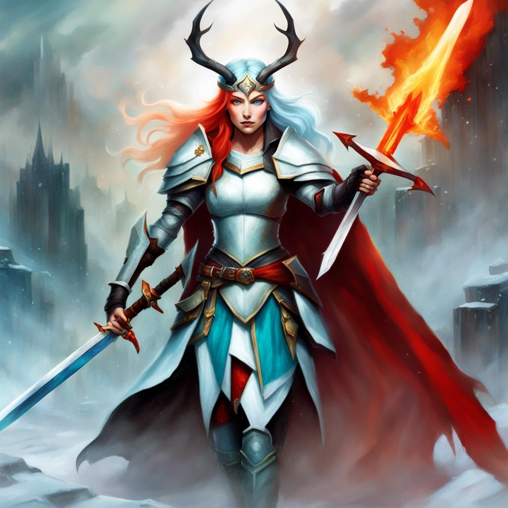 Fiery Goddess with Swords in Graphic Comic Style