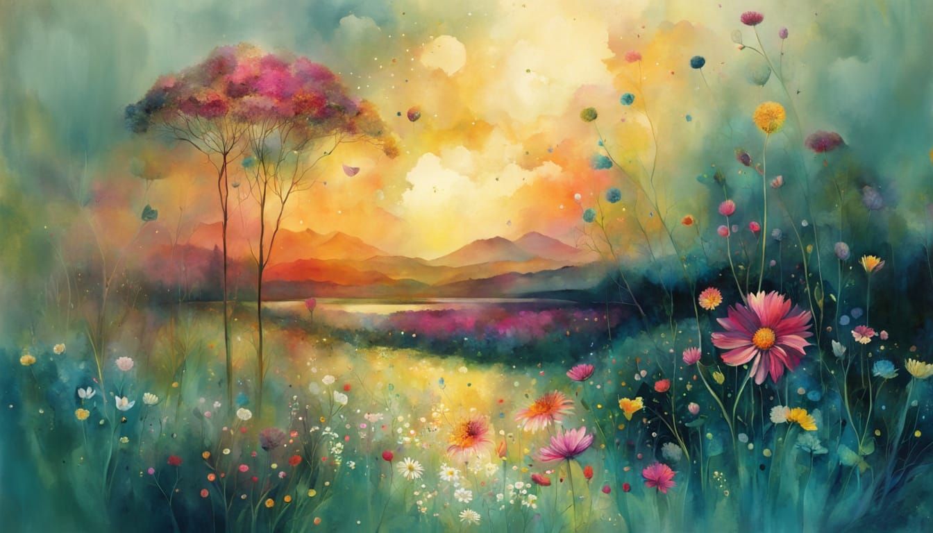 Whimsical Surreal Wildflower Wonderland in Vibrant Cubist St...