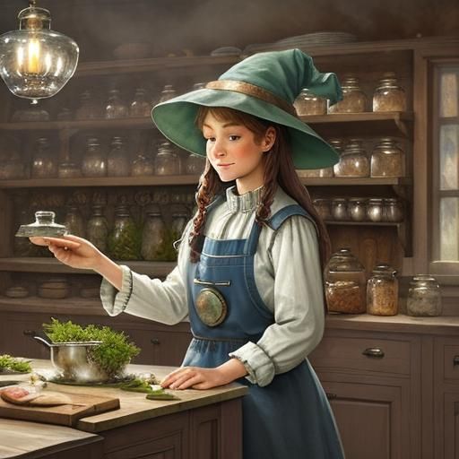 water colour, kitchen witch wearing brown hat adorned with herbs in old style kitchen cooking with jars and bottles on s...