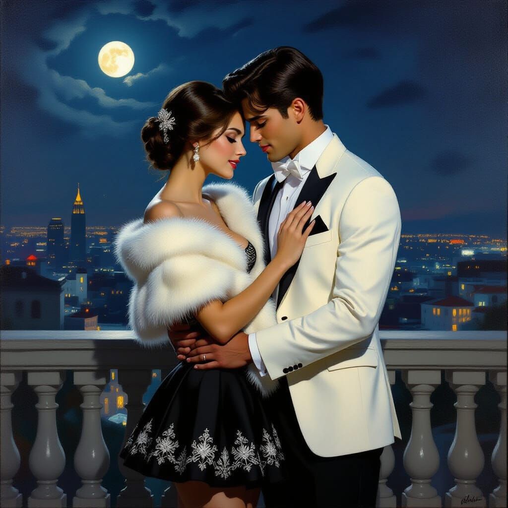 Couple Embraced on Terrace at Night, Romantic Realism Oil Pa...