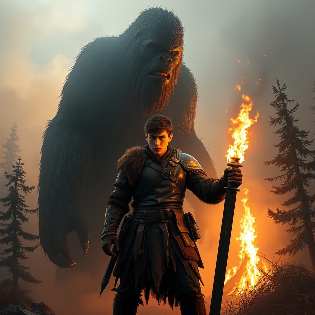 Bigfoot Encounter in a Dark Fantasy Landscape