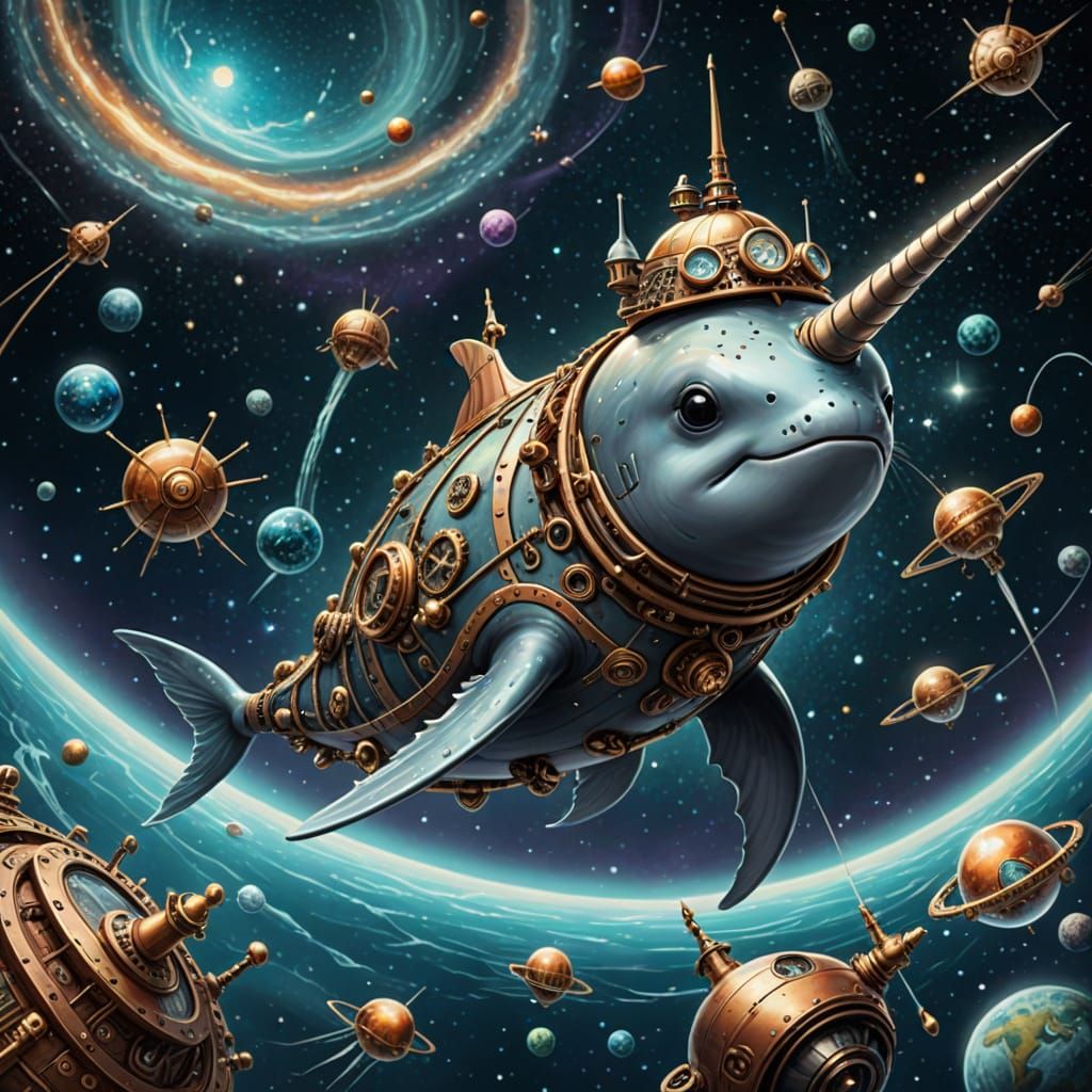 Steampunk Narwhal Soaring Through Space