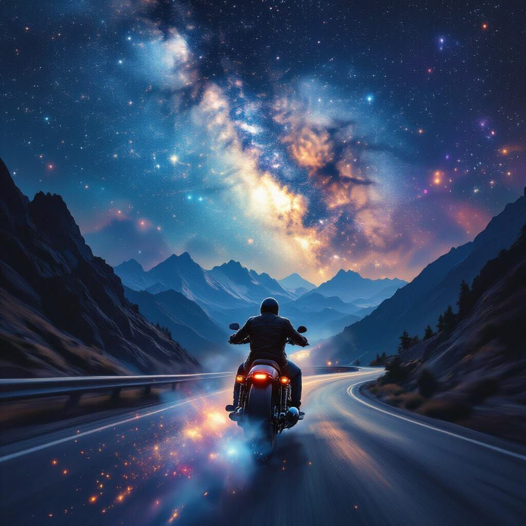 Cosmic Rider on Mountain Pass in Celestial Nebula