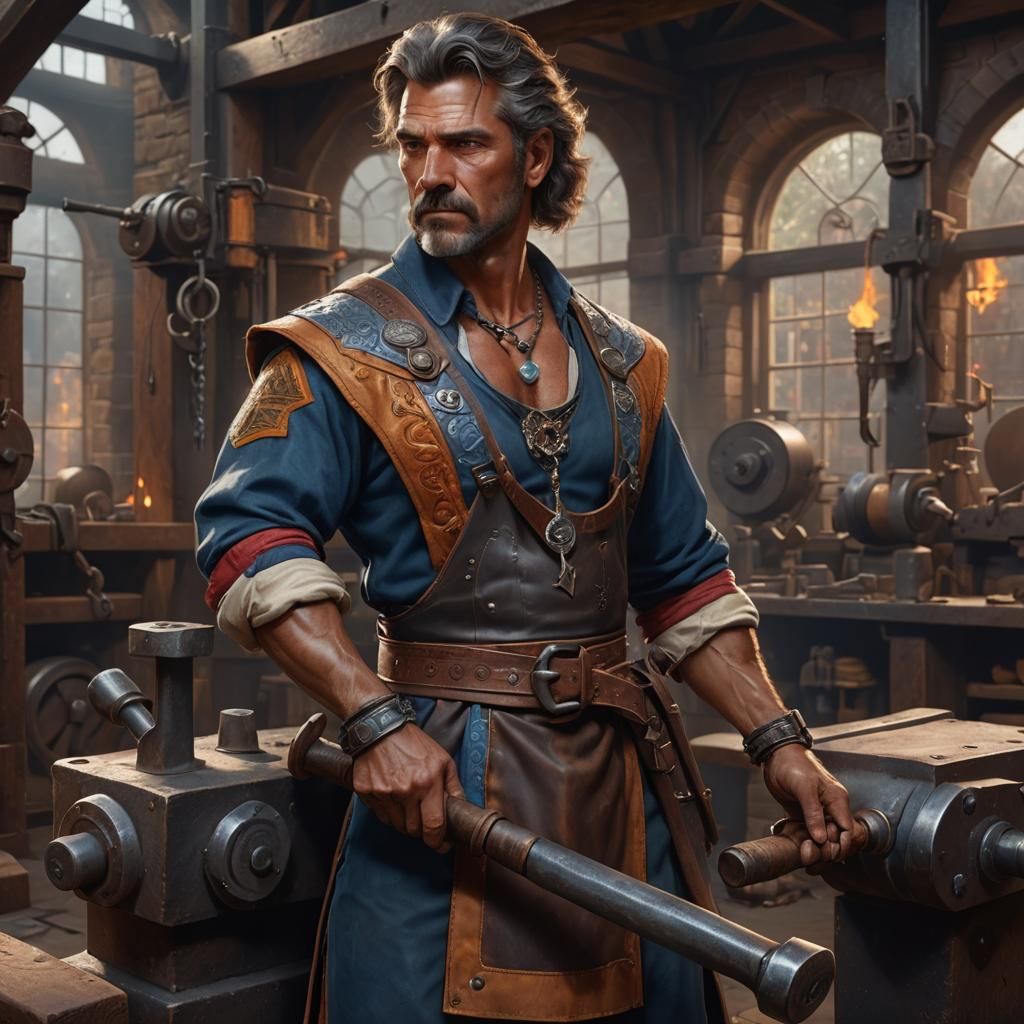 Hyperrealistic Blacksmith with Hammer in Detailed Matte Pain...