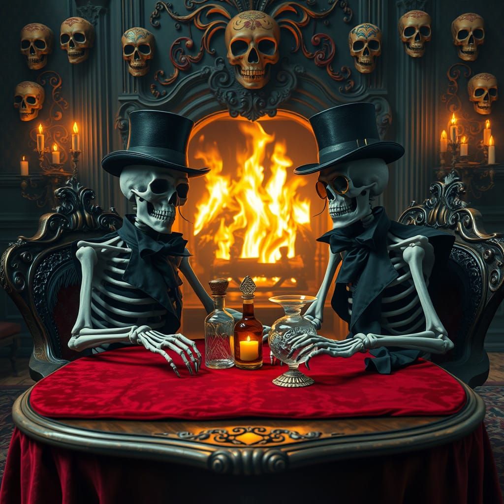 Victorian Skeletons Play Poker in Gothic Luxe