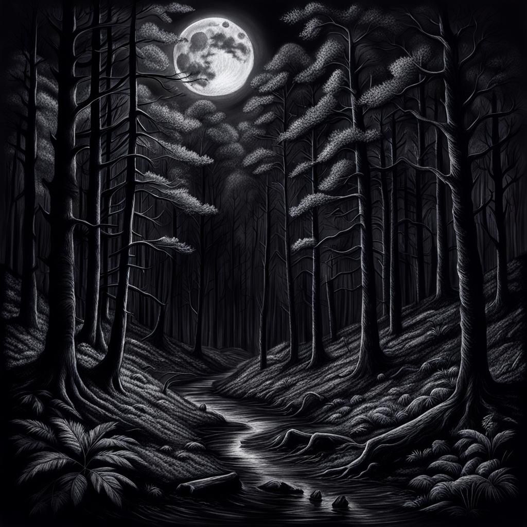 Dimly Lit Forest in Dark Charcoal Style