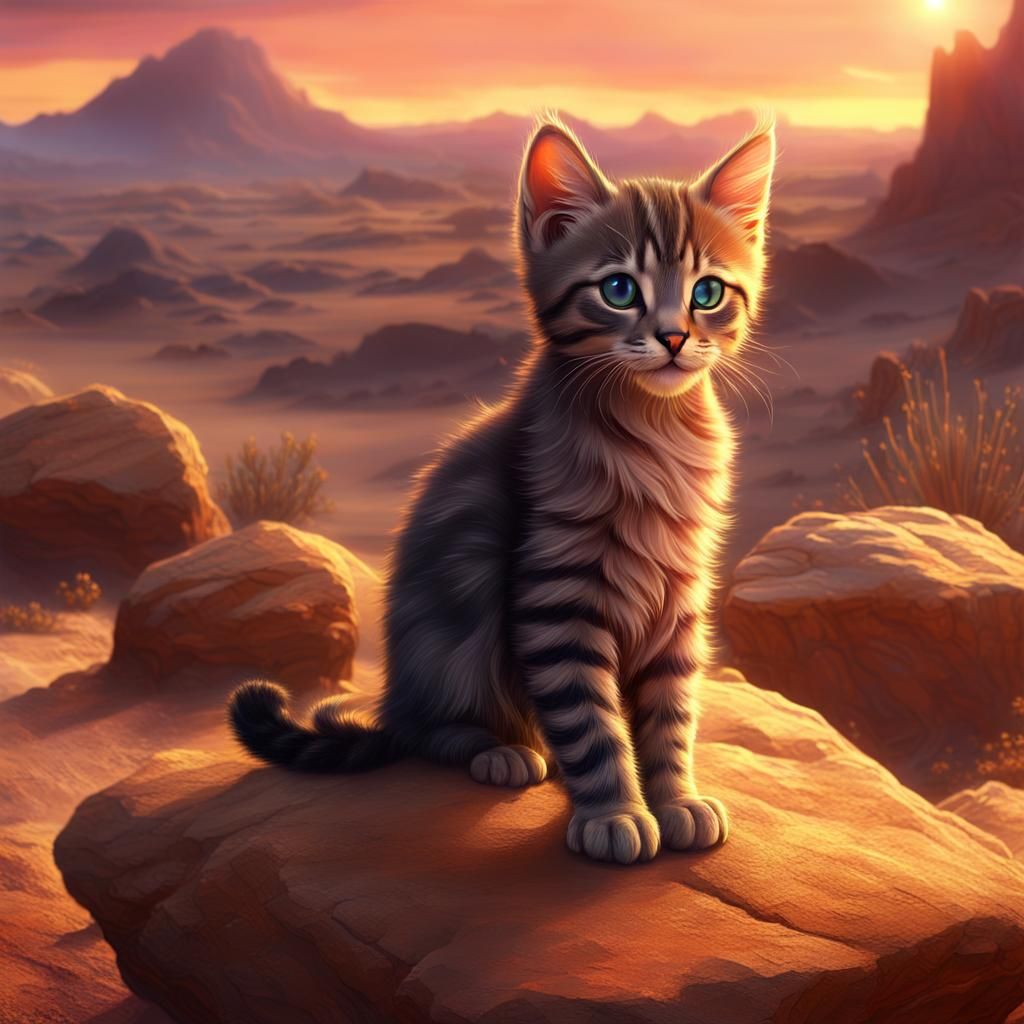 Kitten at Desert Sunset: Fantasy Concept Art