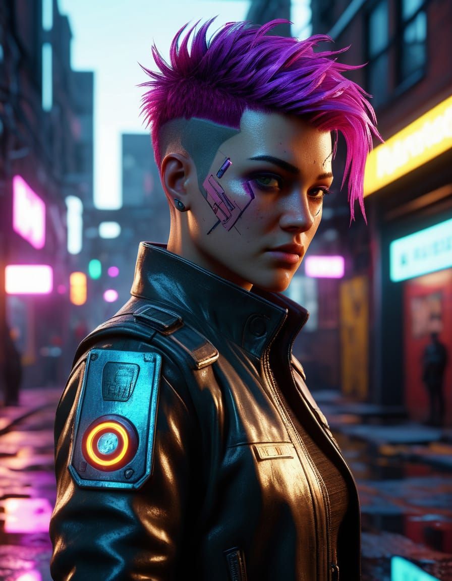 Cyberpunk Medic Portrait in Neon Alleyway