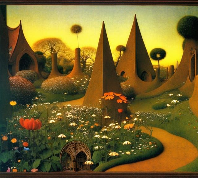 Sunrise Garden with Gothic Archways in Art Nouveau Style