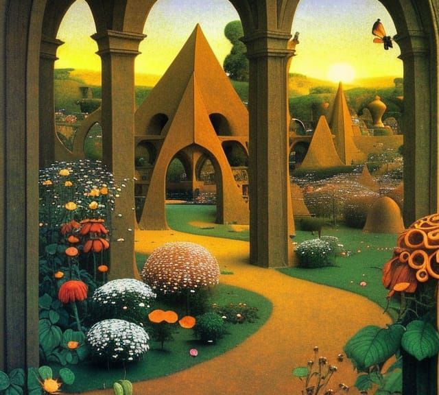 Sunrise Garden with Wildflowers in Art Nouveau Style