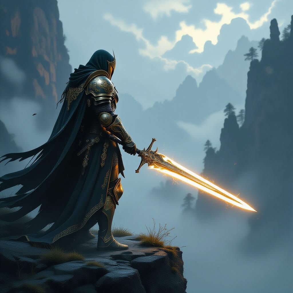 Knight on Cliff Overlooking Enchanted Forest, Glowing Sword