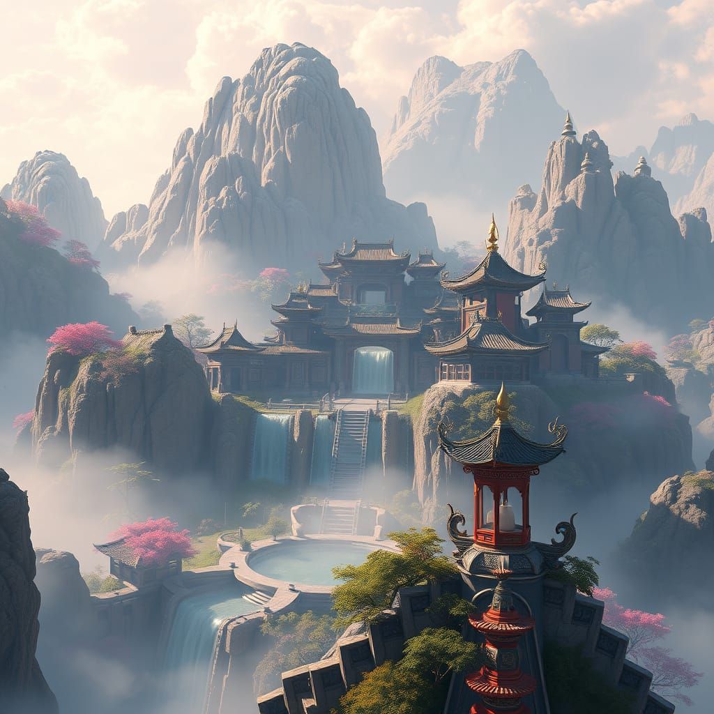 Surreal Eastern Fantasy Realm in Vibrant Jewel Tones