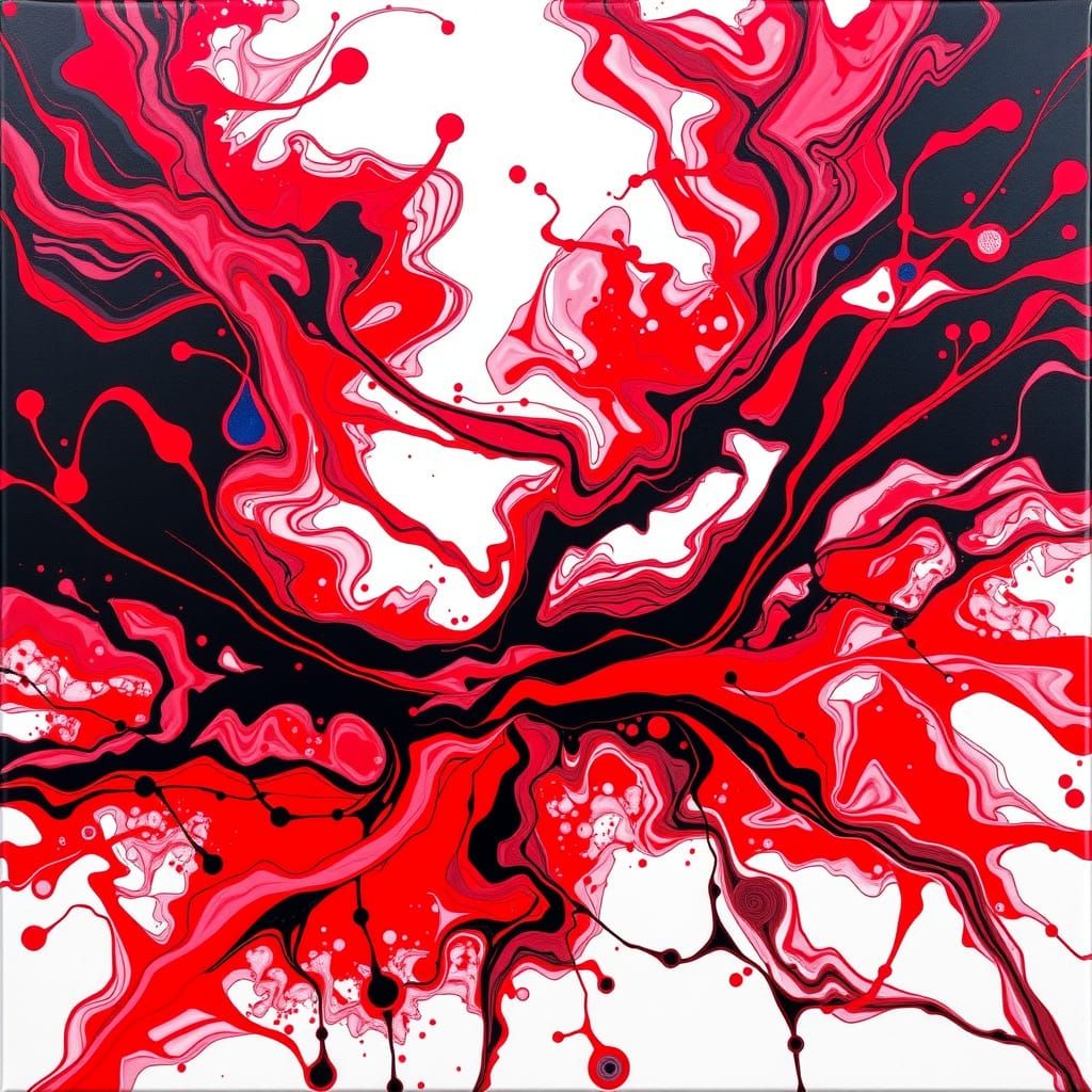 Dynamic Acrylic Pour Painting in Red, Black, and White