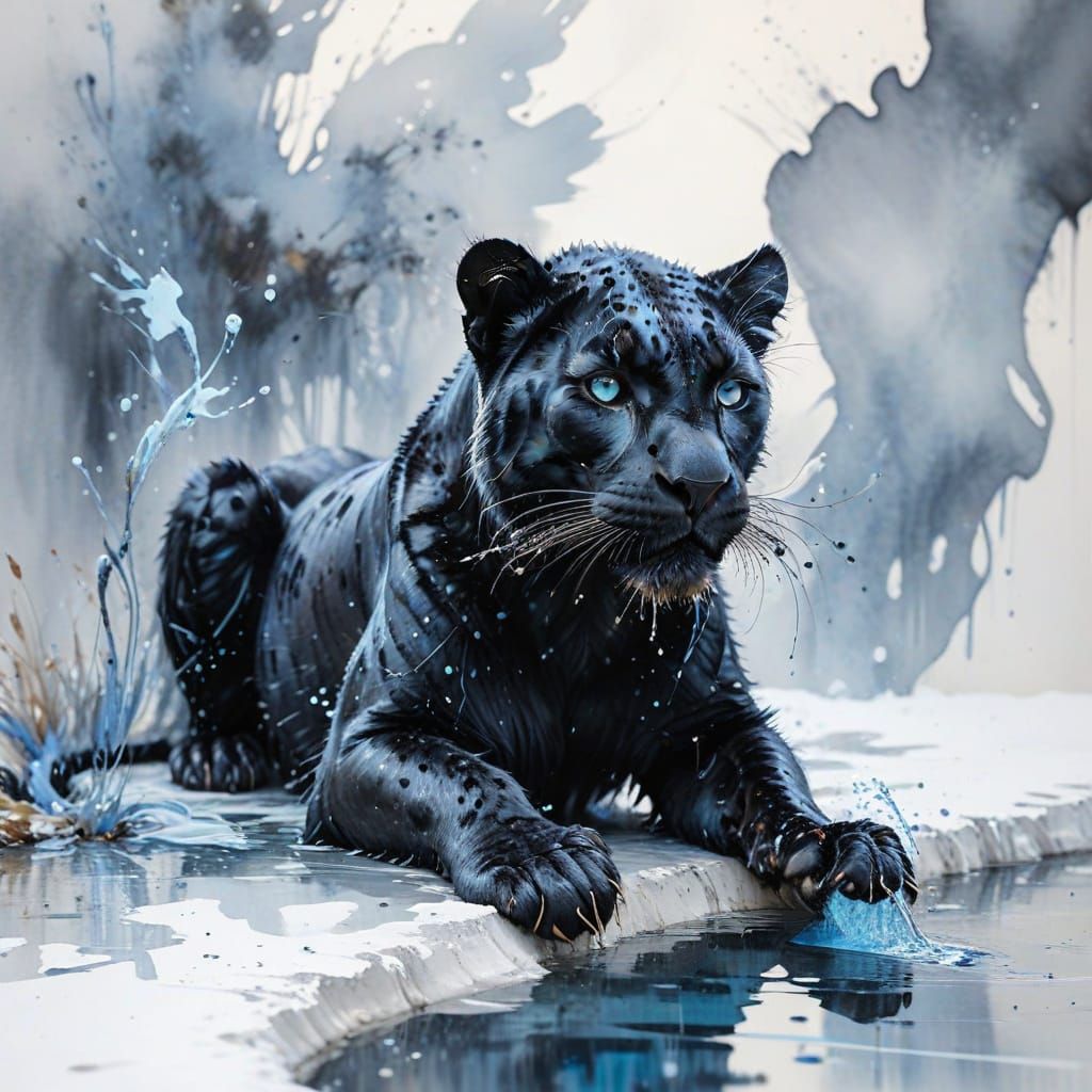 Winged Black Leopard Drinks in Winter Watercolor