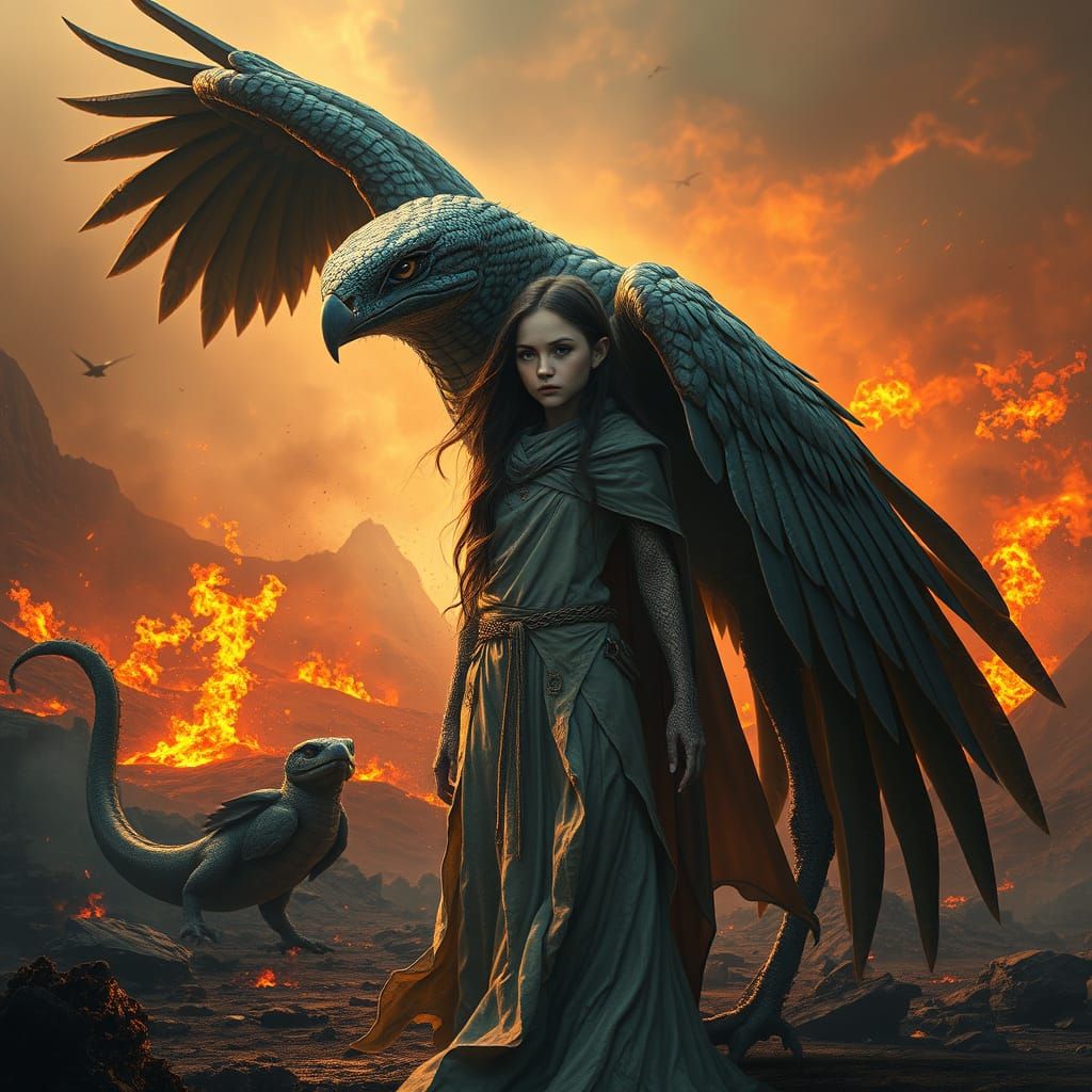 Reptilian Woman Protected by Bird in Scorched Landscape