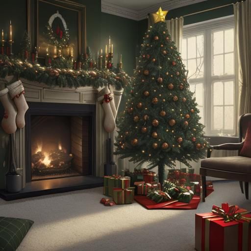 Sinister Christmas Room with Tree and Decorations