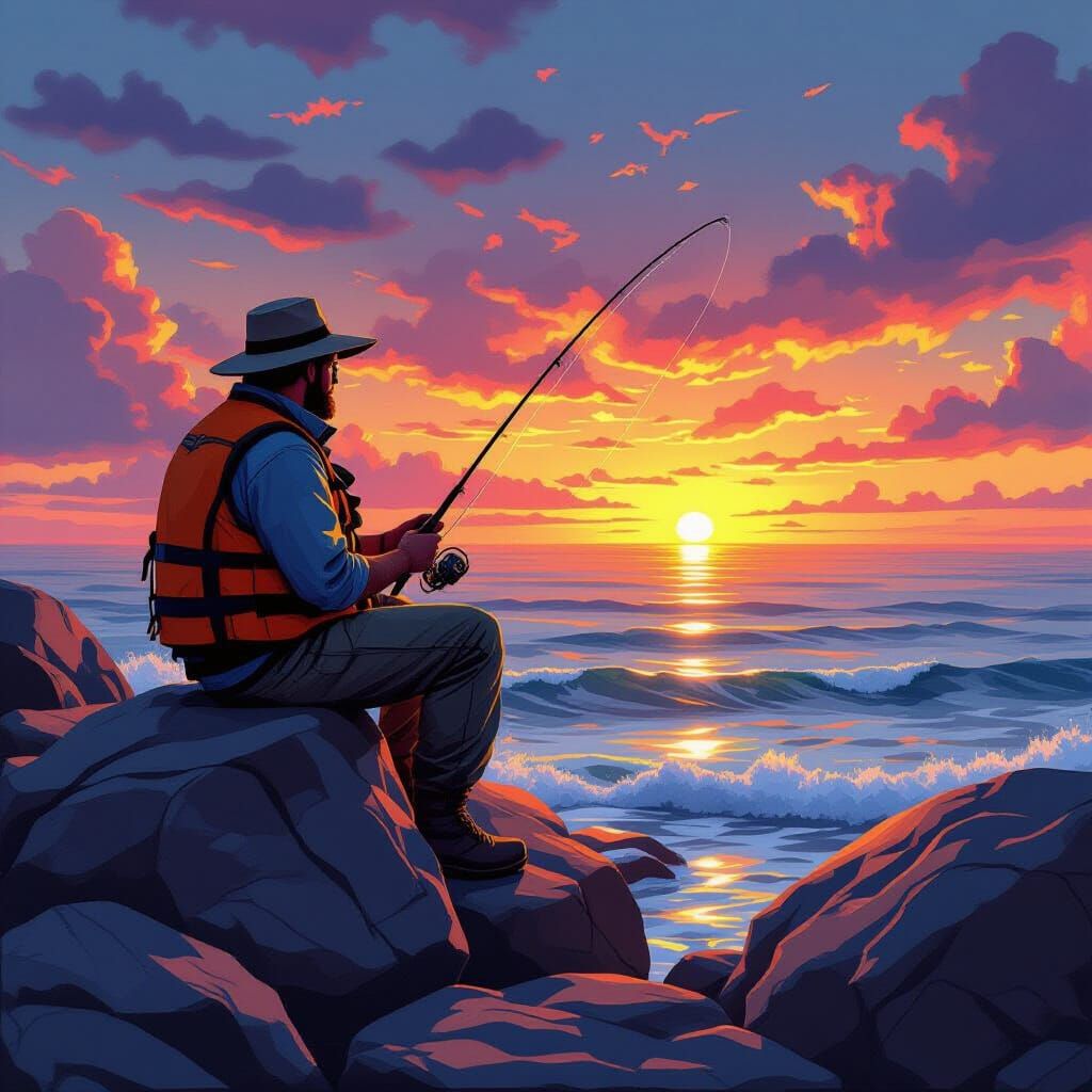 Fisherman at Sunset: Hyper-Realistic Comic Book Art
