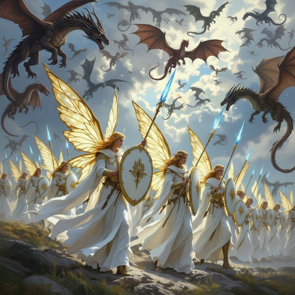 Fairy Soldiers Battle Dragons with Golden Oak Shields