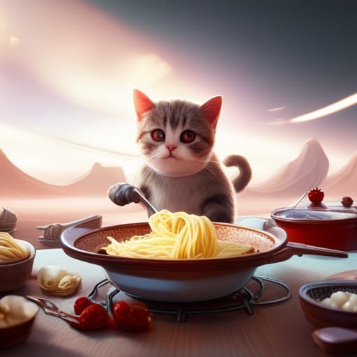 Cute Cat Making Noodles: Detailed Fantasy Art