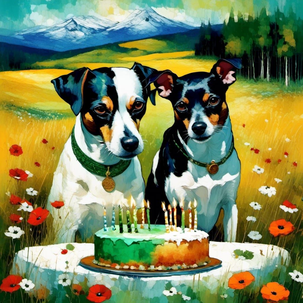 Rat Terrier Birthday in Sunny Meadow, Impasto Style