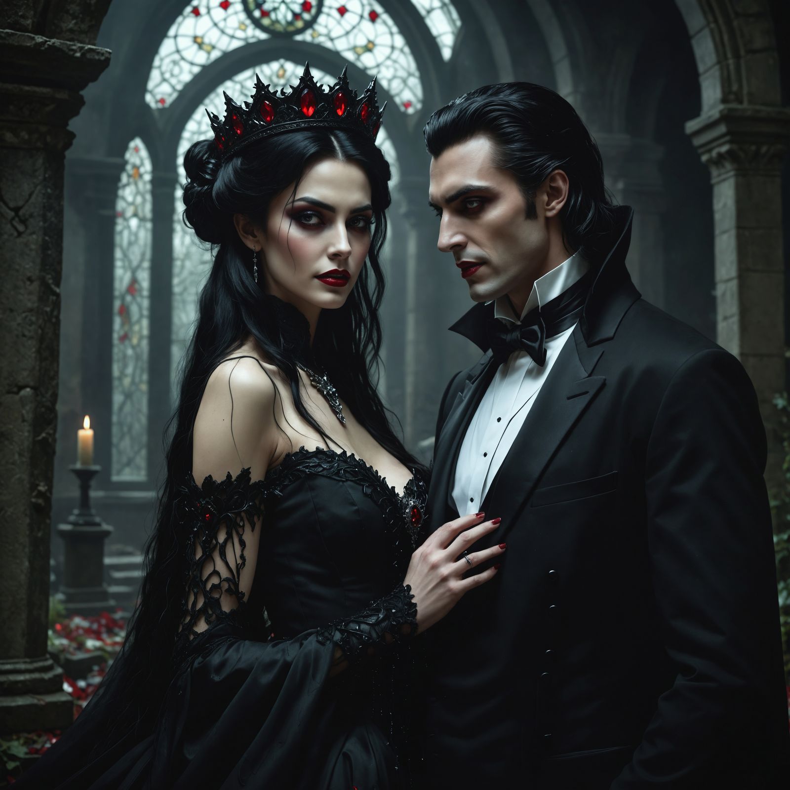 Ethereal Vampire Royalty in Haunting Cemetery Scene