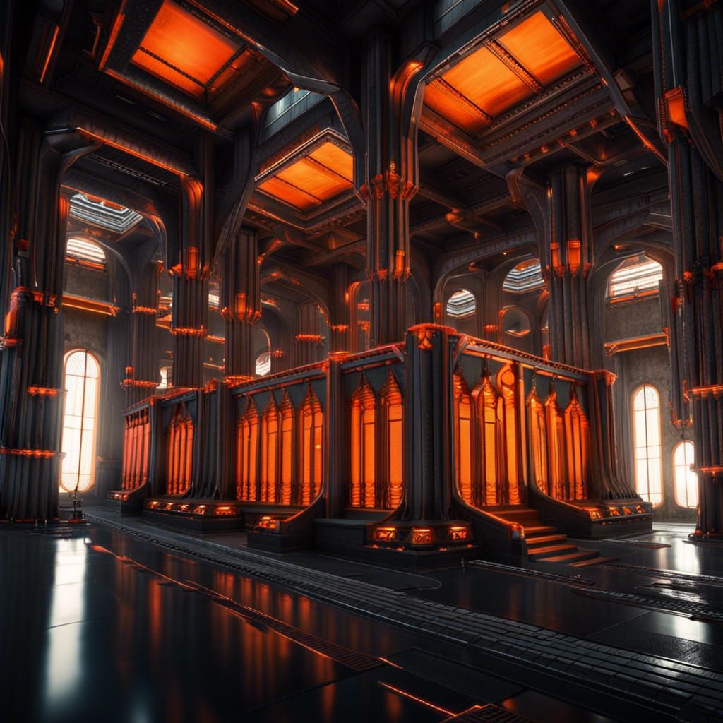 Hyperrealistic Sci-Fi Temple Interior with Orange Windows