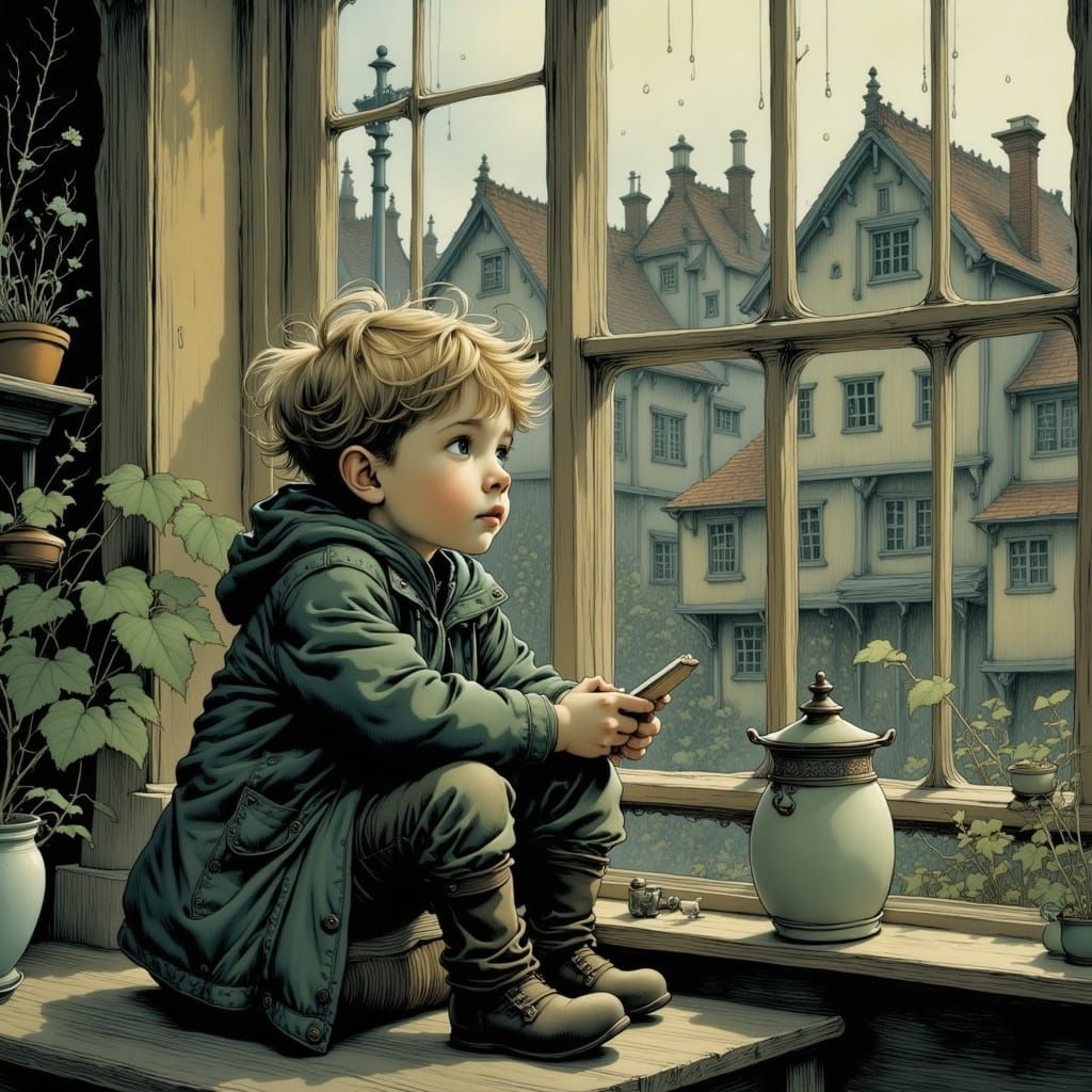 Whimsical Rainy Scene in Intricate Watercolor Style