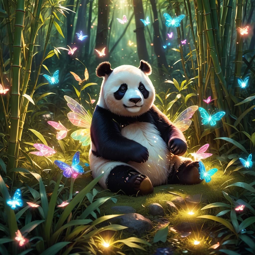 Dreamlike Forest: Panda and Luminous Fairy Sprites