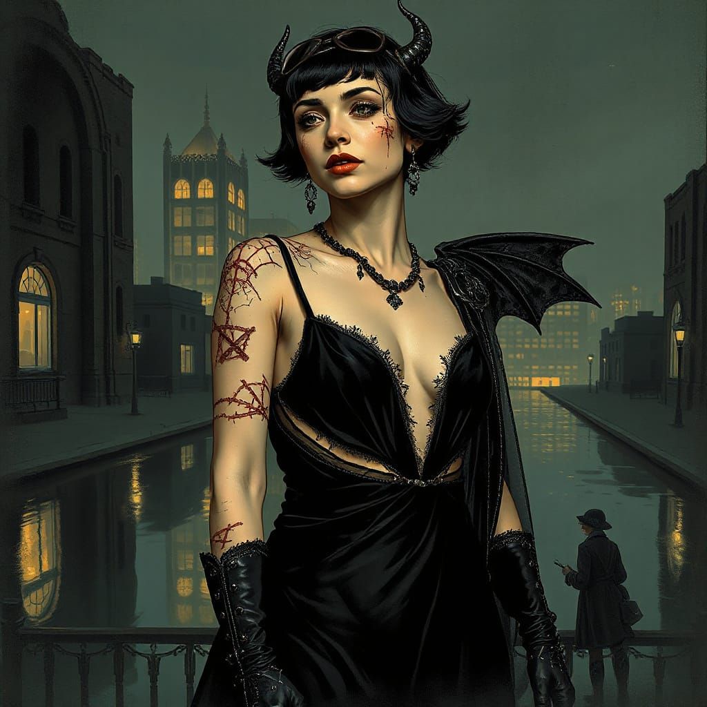 Dieselpunk Goth Flapper Illustration in Noir City