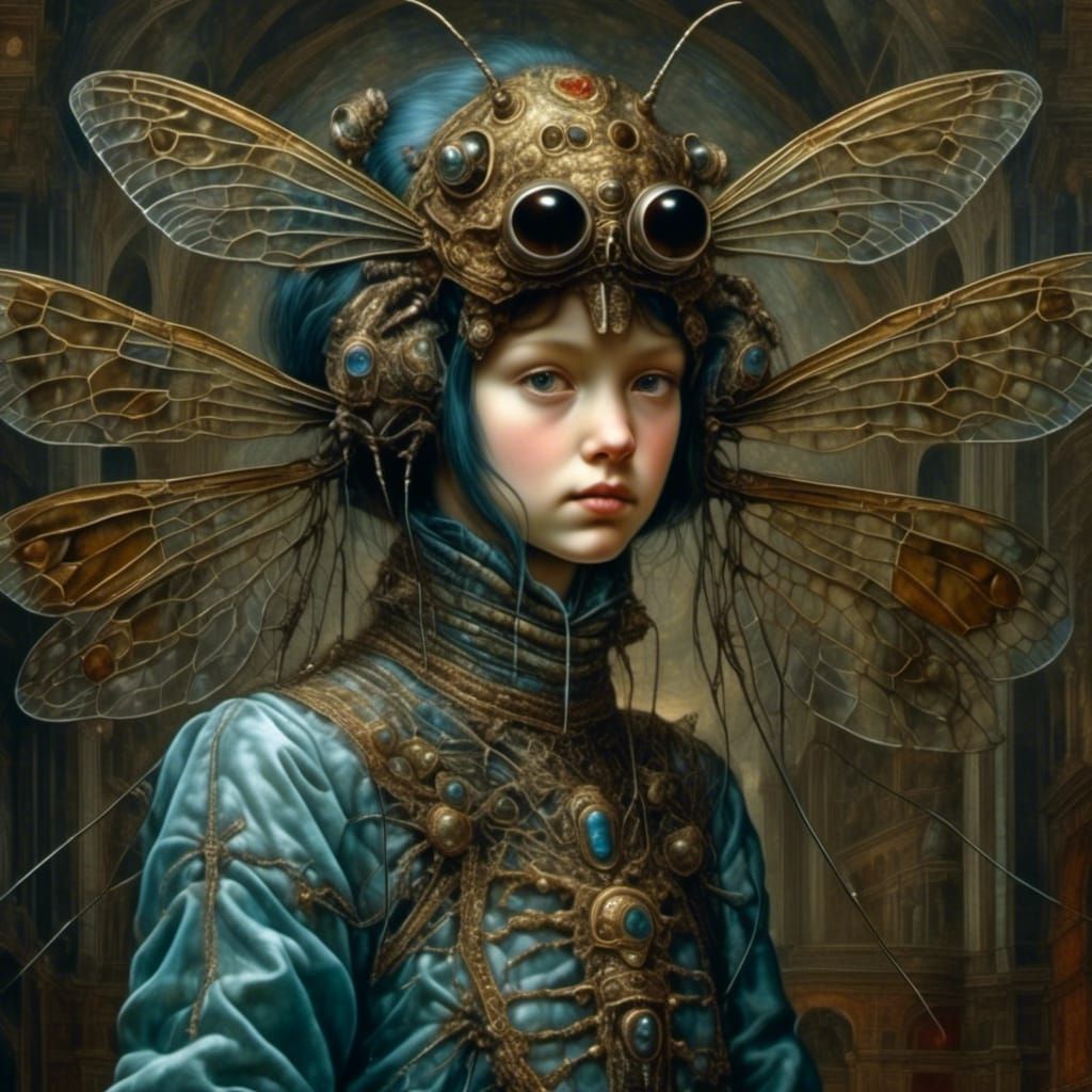 Housefly Girl with Headdress in Ancient Forest