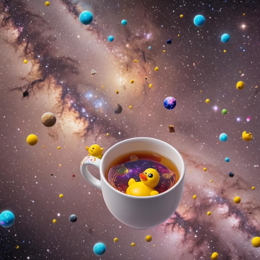 Cute Rubber Duck Floating in Space with Tea