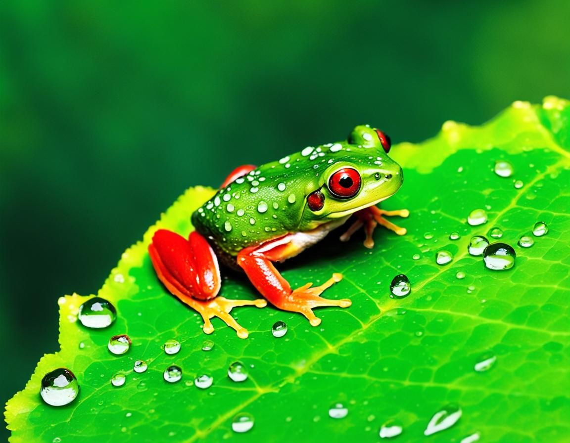 Red Frog on Leaf with Water Droplets