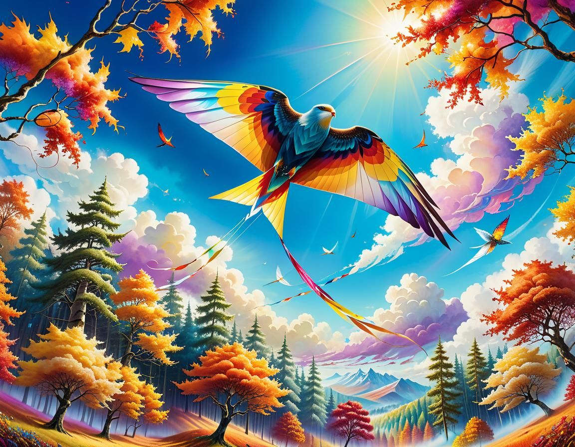 Delta Kite Soaring Above Autumn Forest in Pop Surrealism