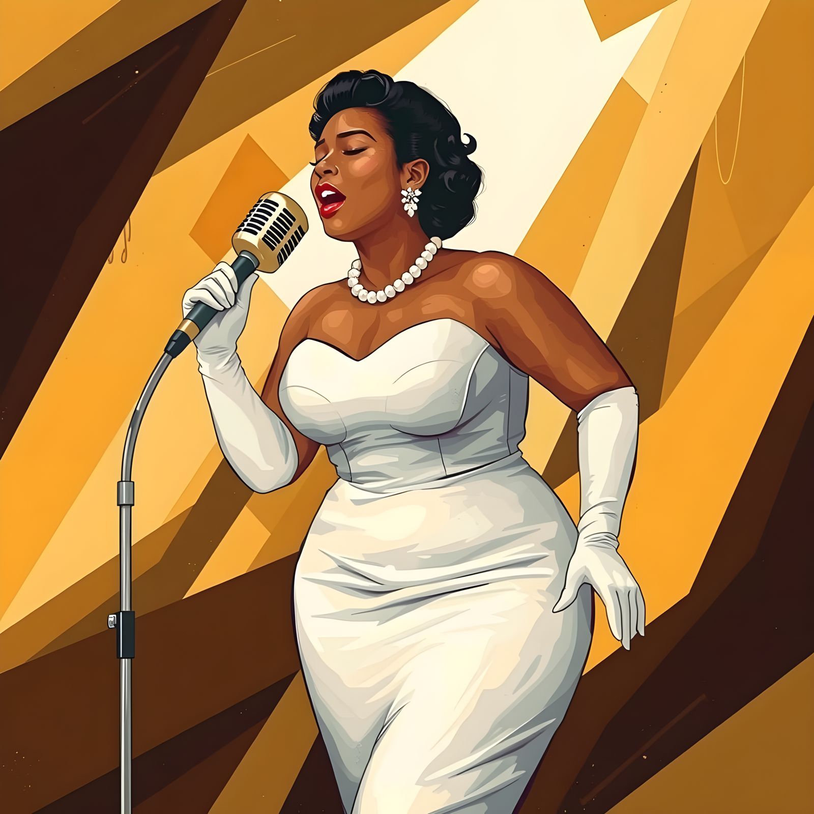 Confident 1950s Jazz Songstress in Cubist-Inspired Setting