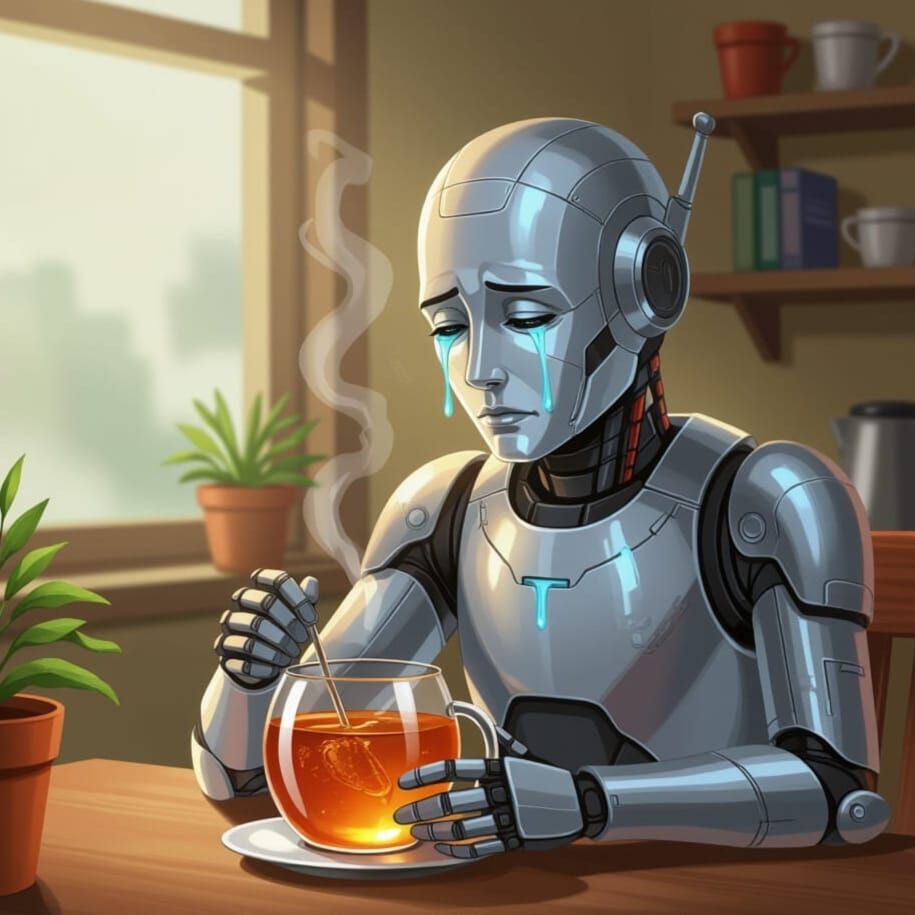 android brewing tea while weeping