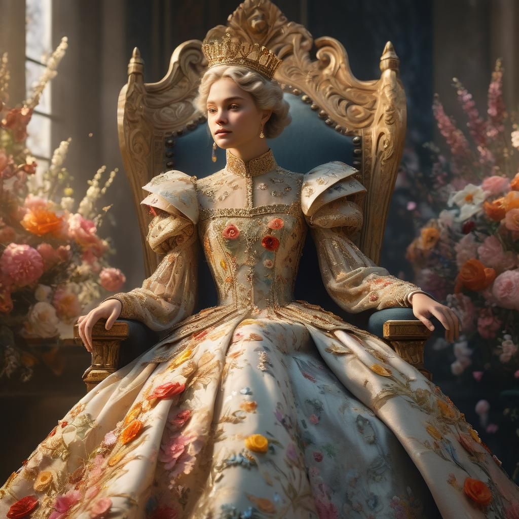 Queen in Floral Dress on Throne