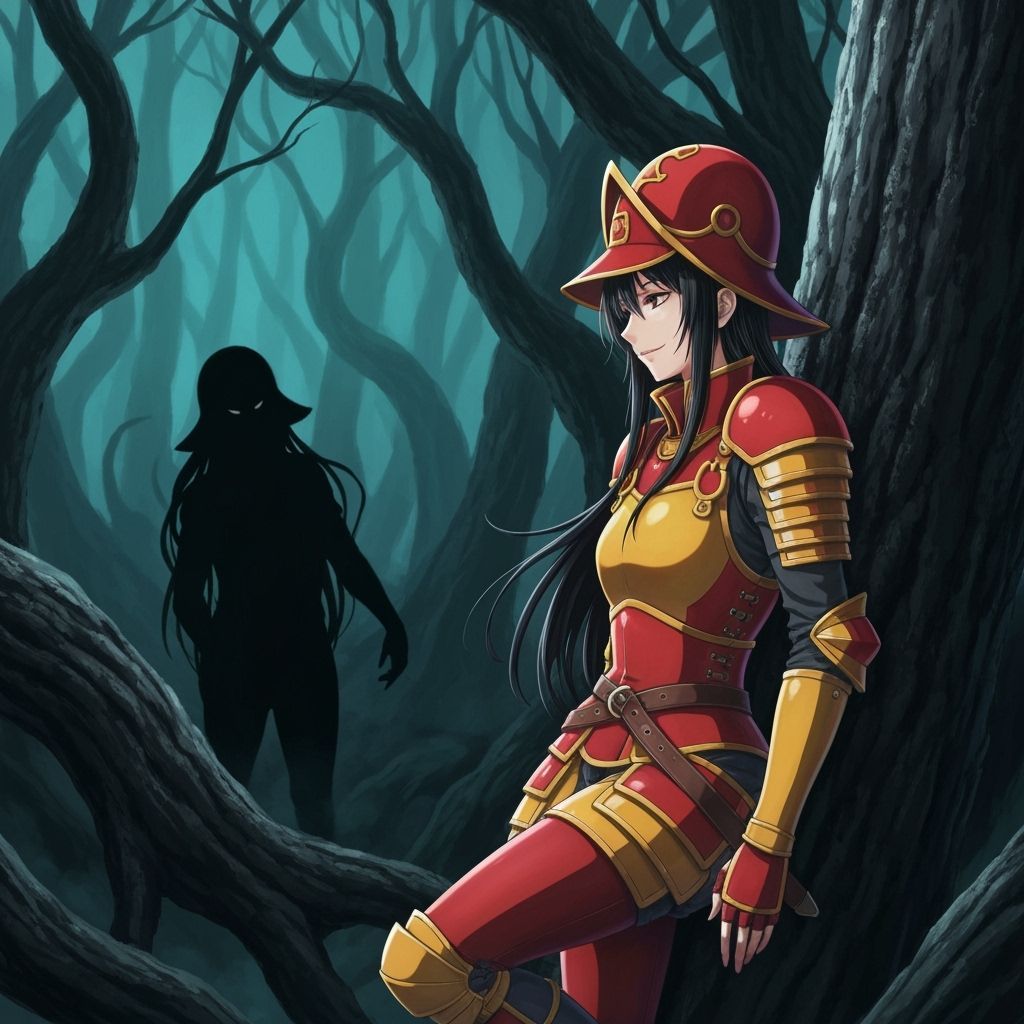 Anime Knight Faces Shadow in Dark Forest