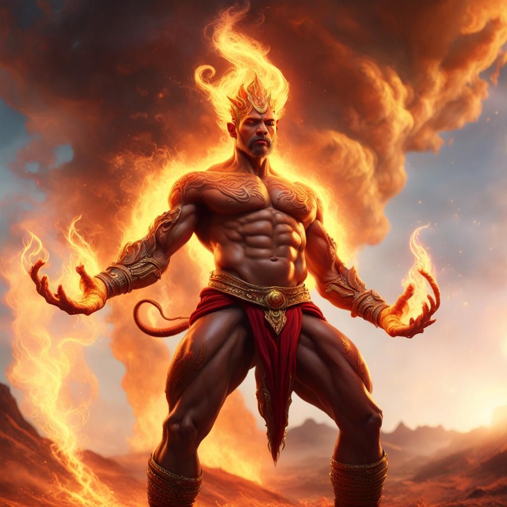 Majestic Fire Genie in Mystical Desert Oasis