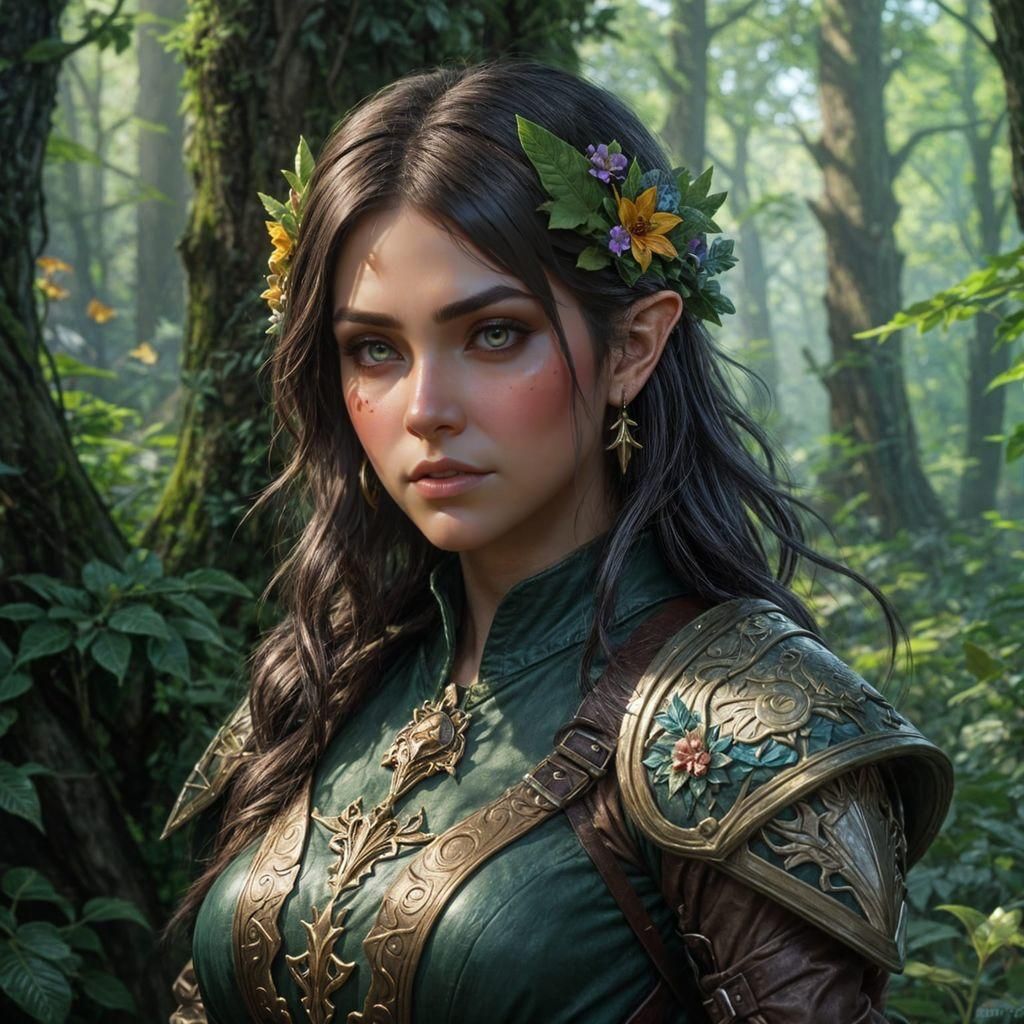 Gnome Ranger Portrait in Flowery Forest, Digital Painting