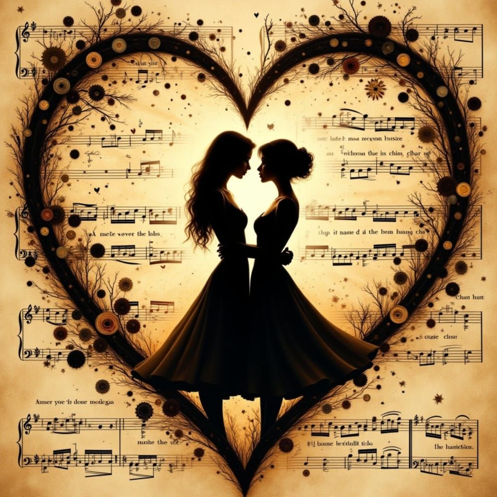 Romantic Couple Dancing in Musical Heart Silhouette