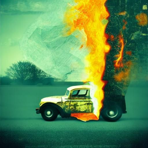 Magazine Cutout Hot Rod in Burning City