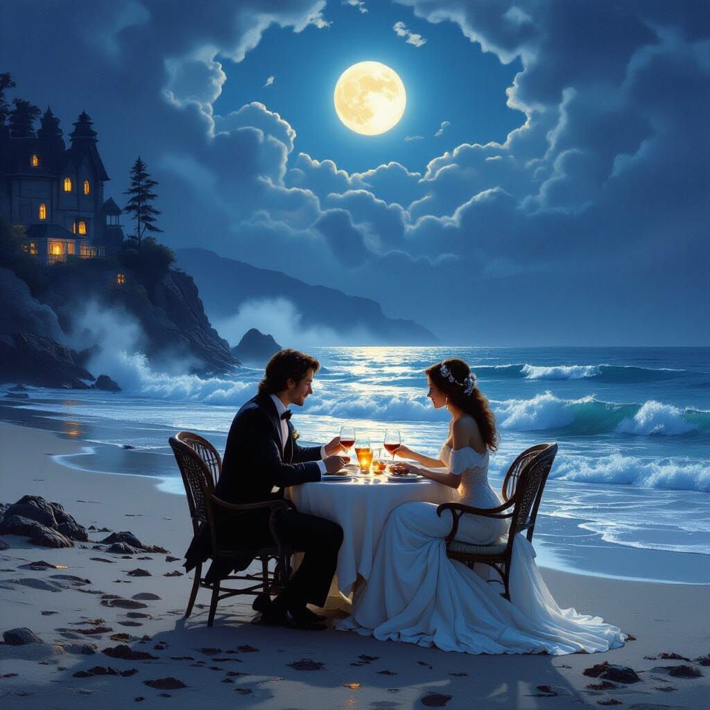 Romantic Beach Dinner in Ethereal Fantasy Landscape