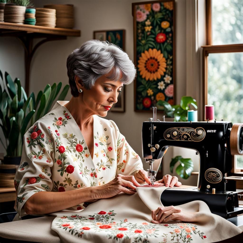 Sewing Machine Embroiderer in 1970s Room, 8K