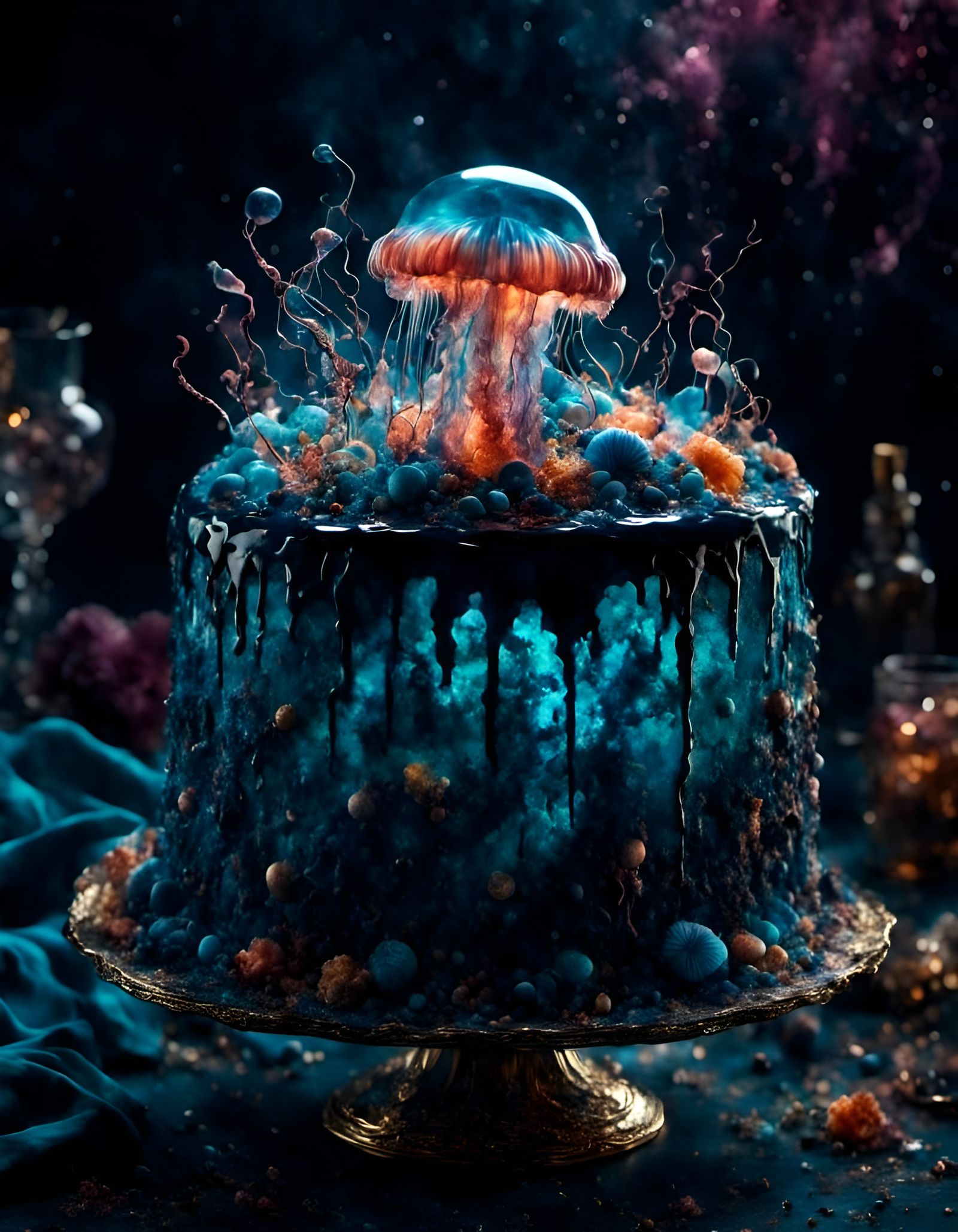 Bioluminescent Jellyfish Crystal Cake with Bokeh Effect